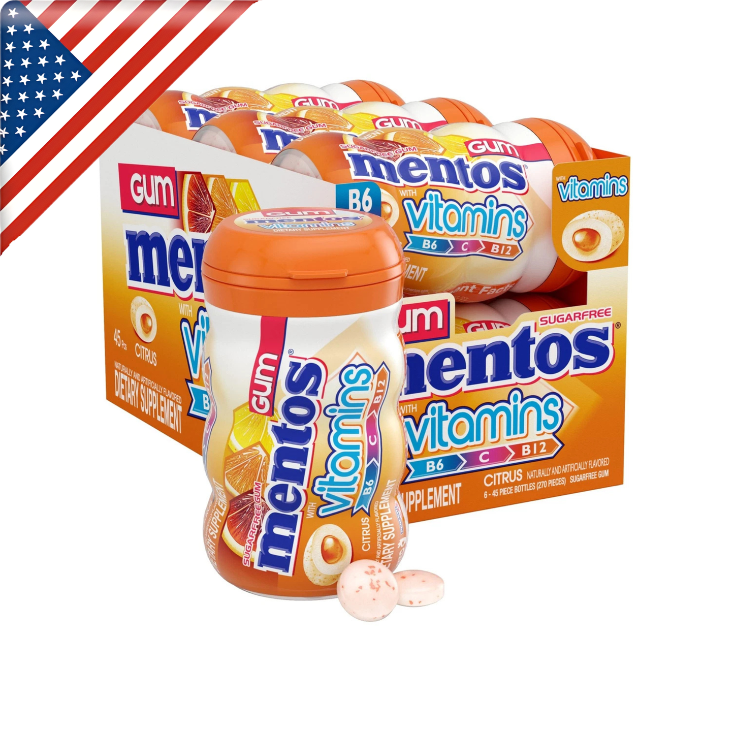 Mentos Gum Vitamin Citrus BTL 3.17 Oz x 6 Pack